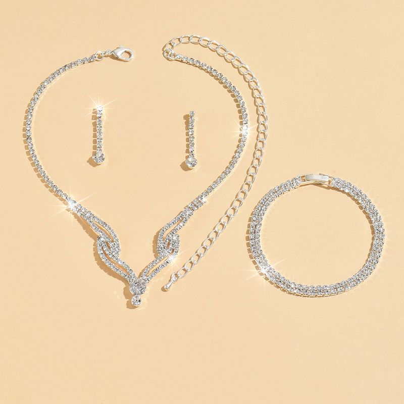 Festlicher Schmuck Braut Hochzeit voller Diamant Ohrringe Halskette Abendessen Schmuck Zubehör Strass Halskette 3 Sätze_voghion.com