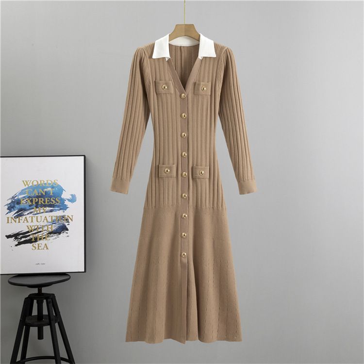 Damenbekleidung, sanfter Stil, einzigartiges Design, V-Ausschnitt, Strickkleid aus Kernspinngarn, schmaler A-Linien-Rock in mittlerer Länge, Trend_voghion.com
