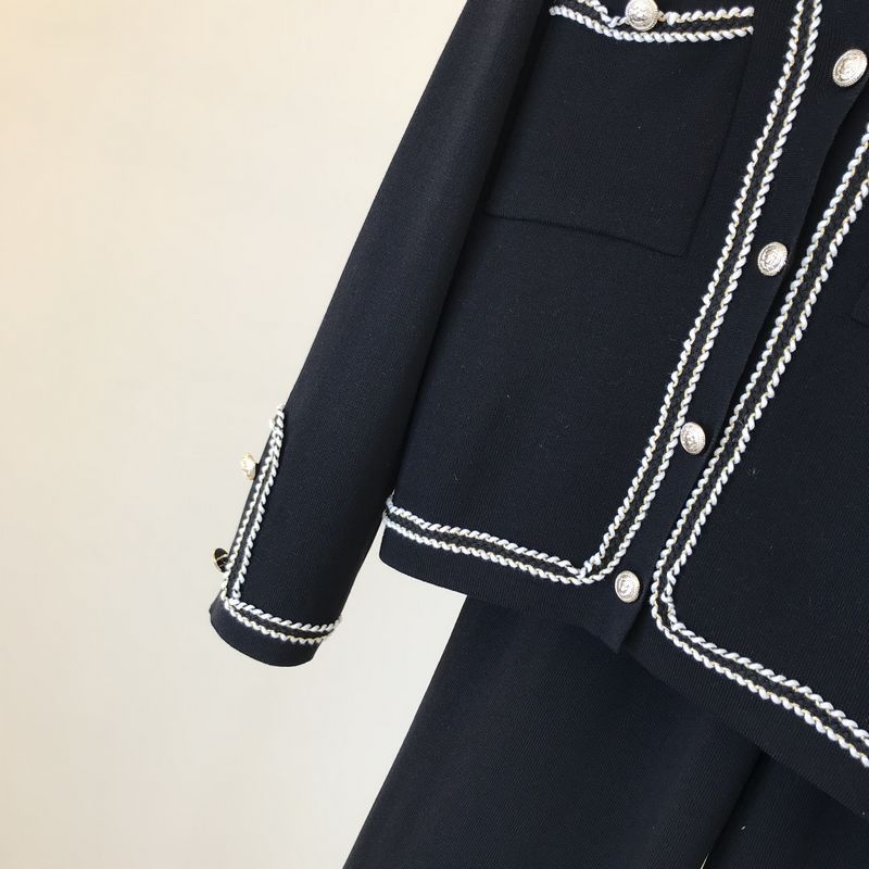 Kadın moda yuvarlak boyun örme hırka üst geniş bacak pantolon iki parçalı set_voghion.com