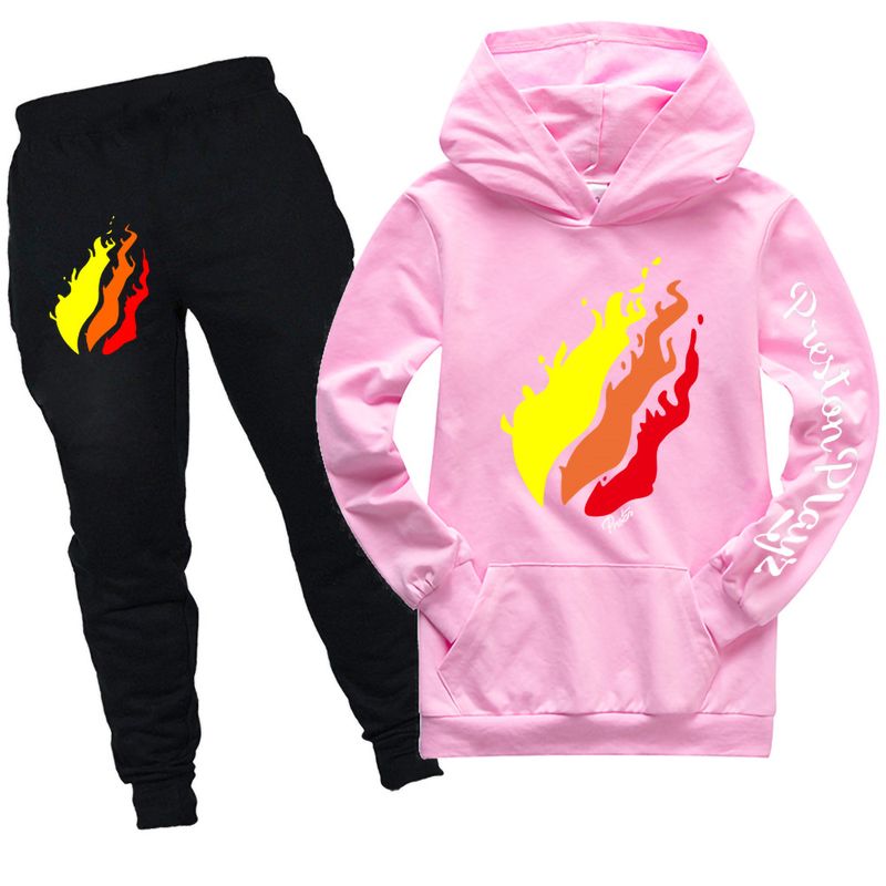 100-170 Size Pattern Pocket Sweatshirt Hoodie + Black Long Pants 2-Piece Set Pk1034 Sleeve With Flower-1_voghion.com