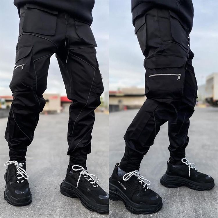 Men's casual Korean version trendy brand plus size straight leg work men's personalized multi pocket reflective sports_voghion.com