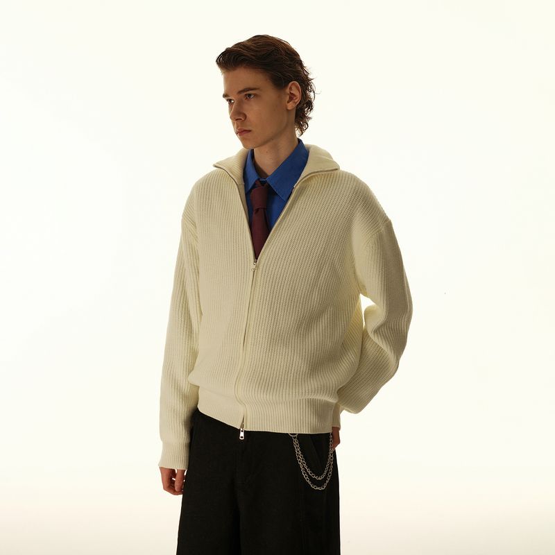 Confucianism And Mencius Knitted Men's High Neck Sweater Couple Style Cardigan Coat Can Be Layered Autumn Top Solid_voghion.com