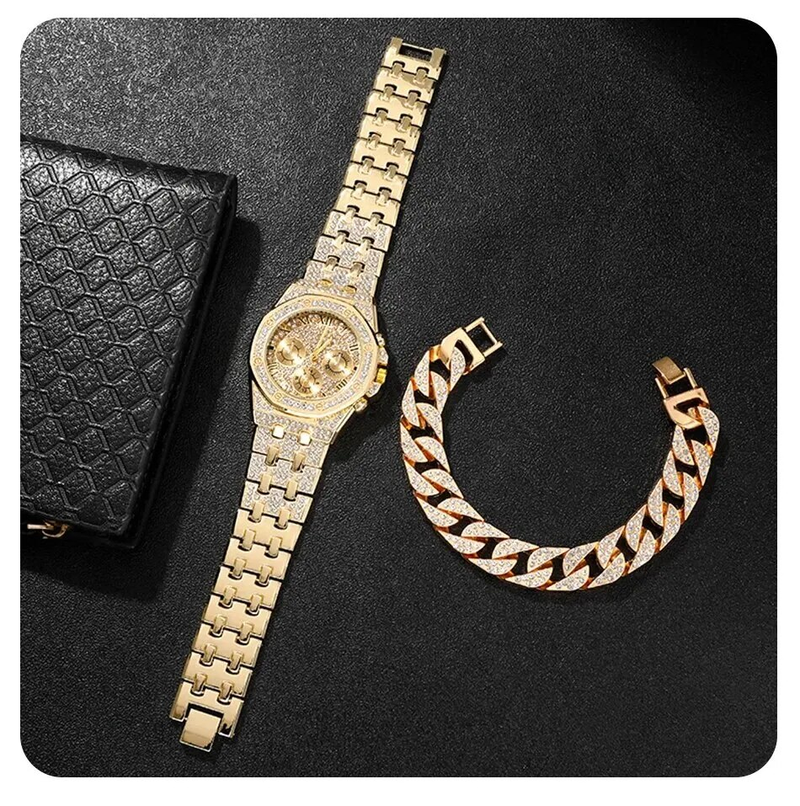 Men's luxury stainless steel gold bracelet, hip-hop diamond, large dial, business, quartz watch, fashionable_voghion.com