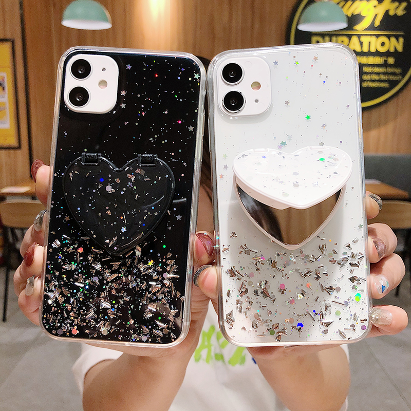 LOVECOM Herz Make-up Spiegel Pailletten Glitzer Handyhülle für iPhone 13 12 11 14 Pro Max XR X XS Max 7 8 Plus Weiche Epoxidharz-Abdeckung_voghion.com
