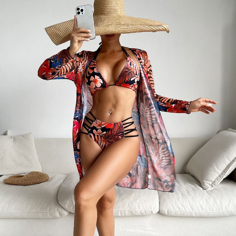 Damenbekleidung Badeanzug Damen Split Dreiteiliger Anzug Internet Celebrity Langarm Bedruckter Bikini Ins Badeanzug_voghion.com