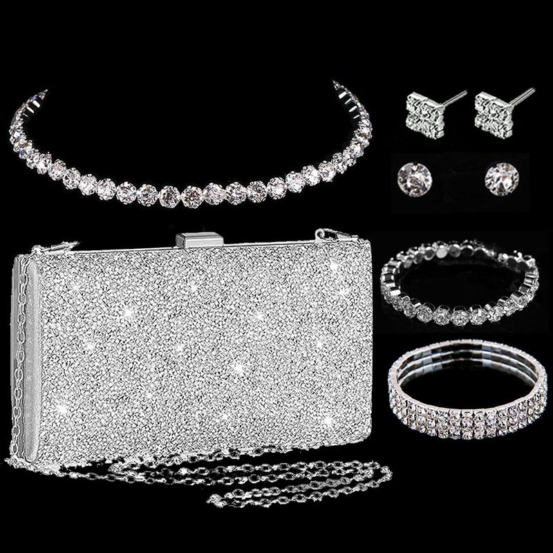 Damen-Schmuckset – Elegante Halskette mit geometrischen Strasssteinen, Ohrringen und Armband für Abendpartys, mehrlagiges Design, funkelndes Diamantarmband, Luxus-Set_voghion.com