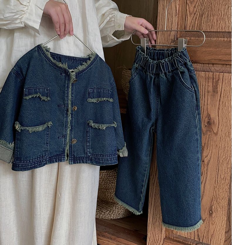 Abbigliamento per bambini, giacca di jeans con bordo grezzo, moda retrò, pantaloni a gamba larga_voghion.com