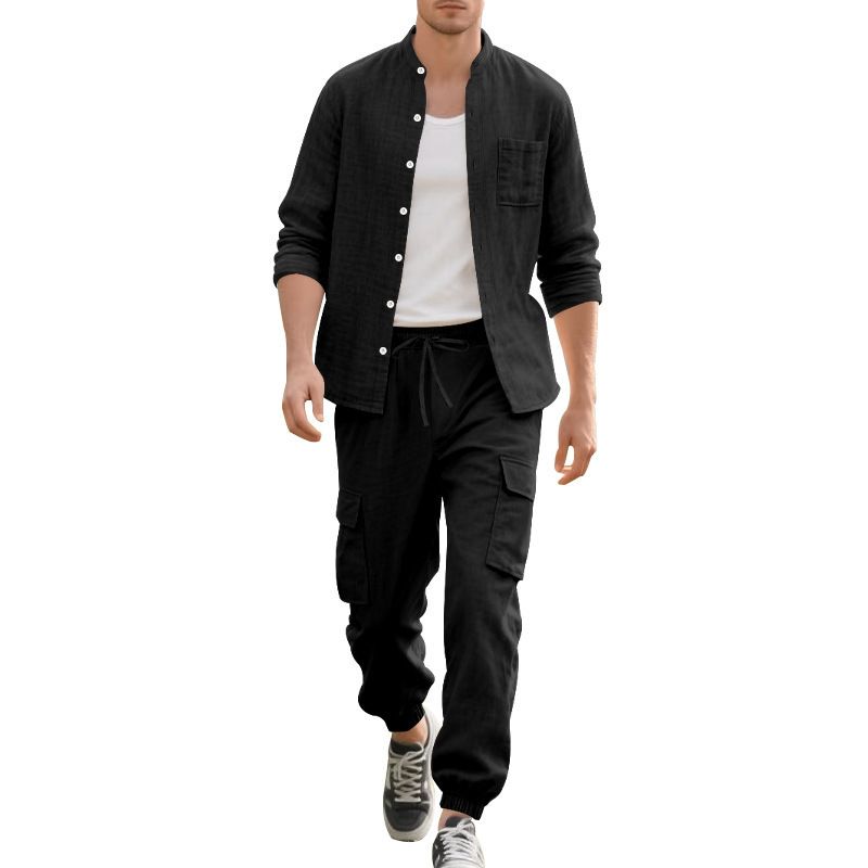 Camicia estiva in lino con bottoni, pantaloni a maniche lunghe, cardigan, abito casual e ampio da spiaggia per uomo_voghion.com