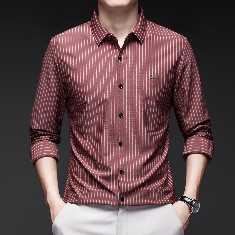 Ds27121 Hohe Elastizität Nahtlose High-End Business Casual Gestreiften Frühling Und Herbst Basis herren Langarm Revers Hemd_voghion.com