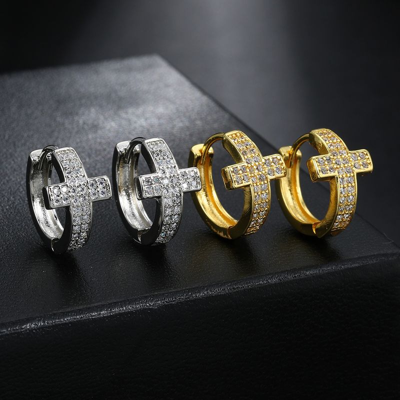 Orecchini Hip Hop da Uomo con Fibbia a Croce e Diamante Pieno e Micro Set Zircone_voghion.com