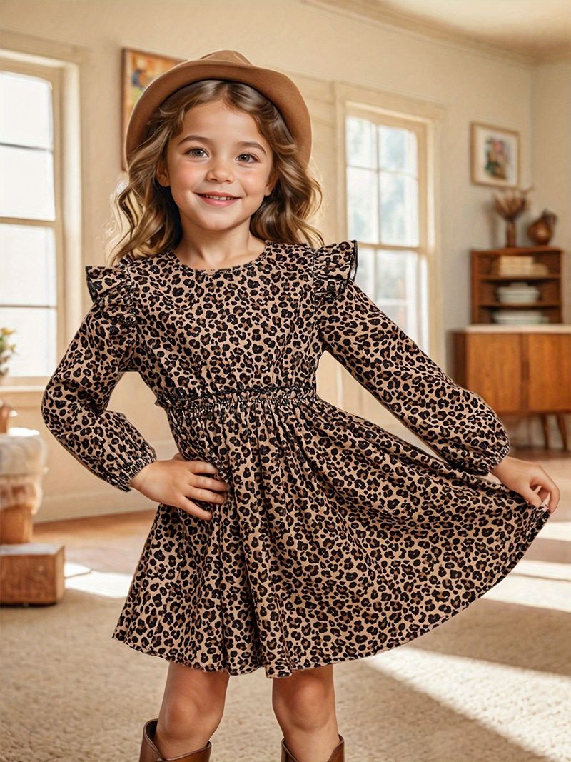 Kinderkleidung für Mädchen, Leopardenmuster, langärmlig, Wassertropfenkragen, kleine fliegende Ärmel, langärmlig, gerüscht, einfaches Kleid_voghion.com
