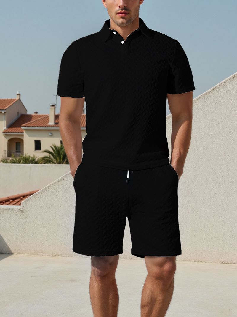 Camisa deportiva informal de manga corta fina de tejido jacquard con solapa para hombre_voghion.com