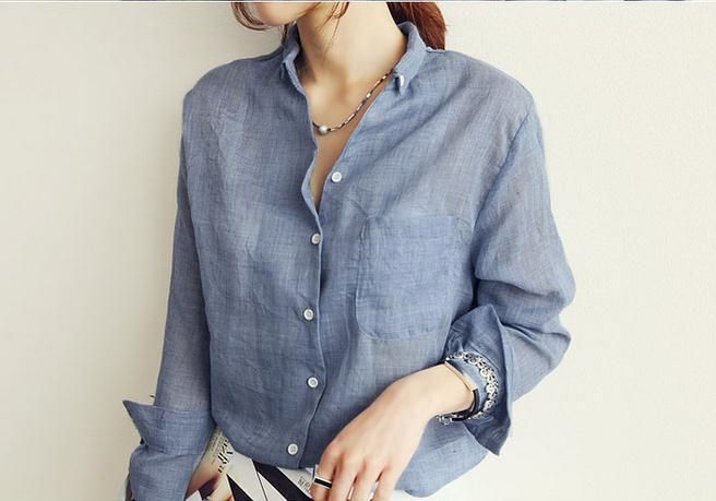 Abbigliamento da donna Camicie casual Maniche lunghe Camicie larghe e sottili da donna Camicia casual in lino Manica lunga Vestibilità ampia Leggera Protezione solare Top_voghion.com