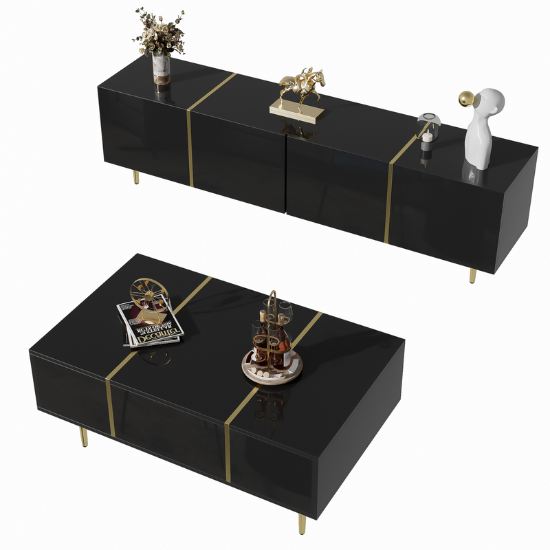 Ensemble meuble TV et table basse noir brillant moderne_voghion.com