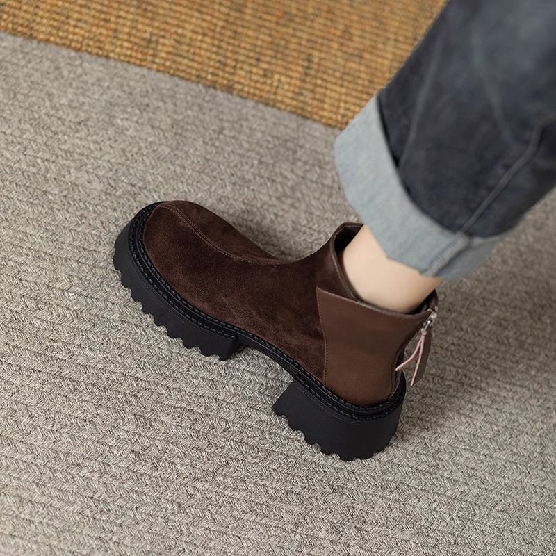 Brown Round Toe Genuine Leather Thick Sole Ankle 2024 Autumn Winter New Suede Height Increasing Versatile Chunky Heel_voghion.com