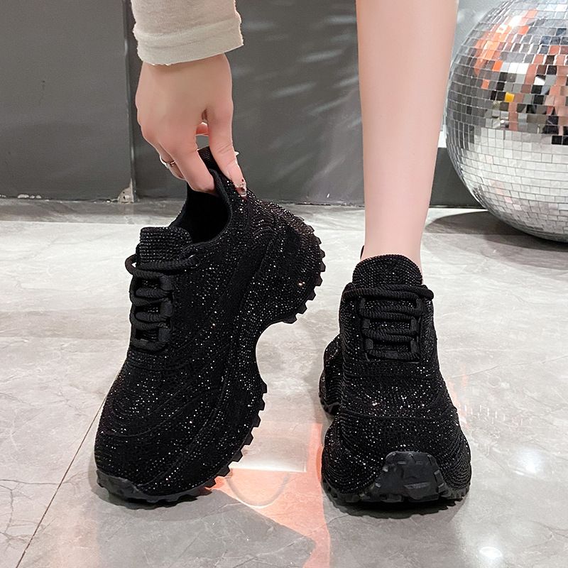 Modische Damen-Sneaker mit Strasssteinen – klobige Plateauschuhe für mehr Körpergröße, atmungsaktives Obermaterial aus PU, lässige und trendige Low-Top-Schnürschuhe_voghion.com