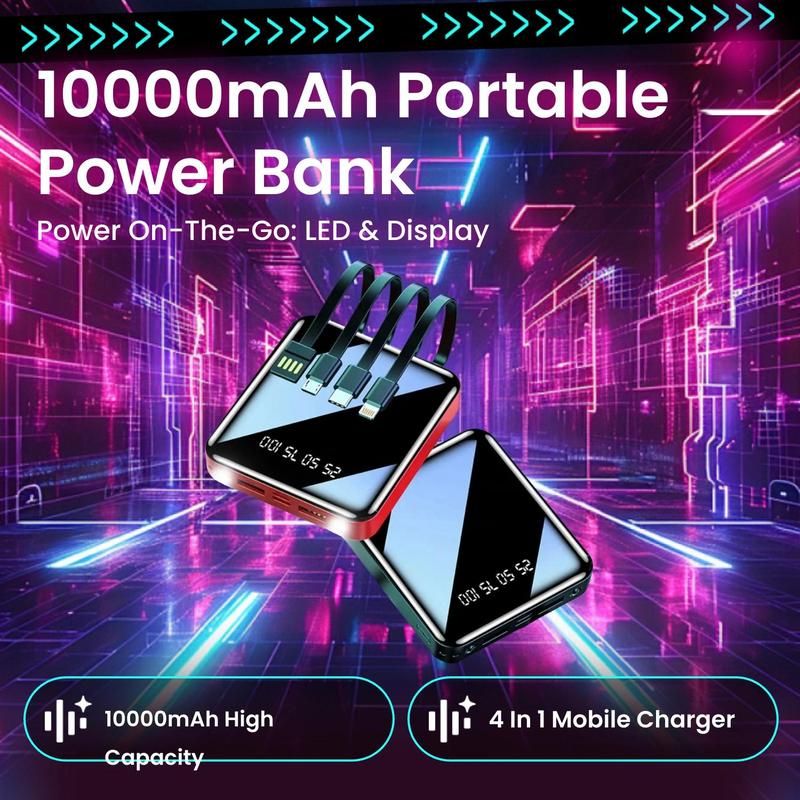 10000mAh Power Bank, 4 In 1 Portable Mobile Charger For Smartphone, USB Rechargeable Power Bank With Digital Display & LED Light, Multifunctional Powe_voghion.com