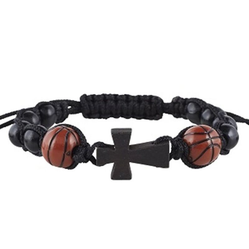 Men's Football Bracelet - Handwoven Black Wooden Cross Pendant (Sports Style, Adjustable)_voghion.com