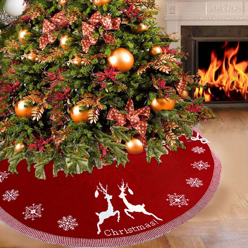 Christmas Knitted Tree Skirt With Reindeer Pattern – Festive Holiday Decor For Xmas Tree Red & White 95cm & 122cm Diameter_voghion.com