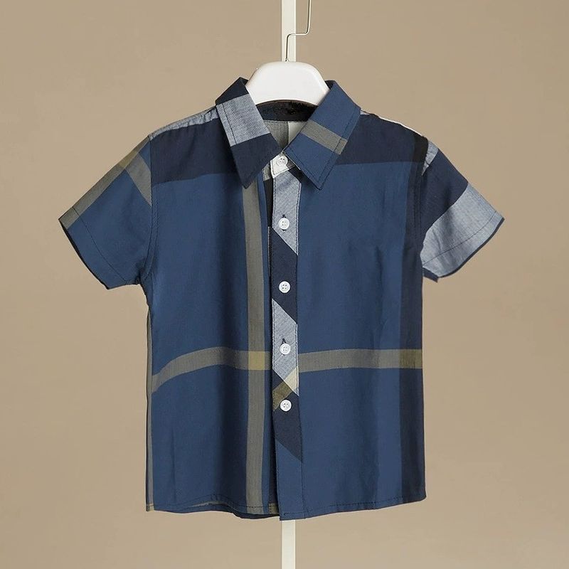 Ubrania dla dzieci Wiosna i jesień Czysta bawełna Koszula dziecięca Koszula w kratę z krótkim rękawem Koszula z klapami_voghion.com