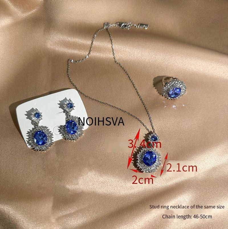 Europäische und amerikanische neue Luxus-Farbschatz-Set mit eingelegtem blauem und gelbem Zirkon, Halskette, Ring, Ohrringe, Anhänger, weiblicher Saphir_voghion.com