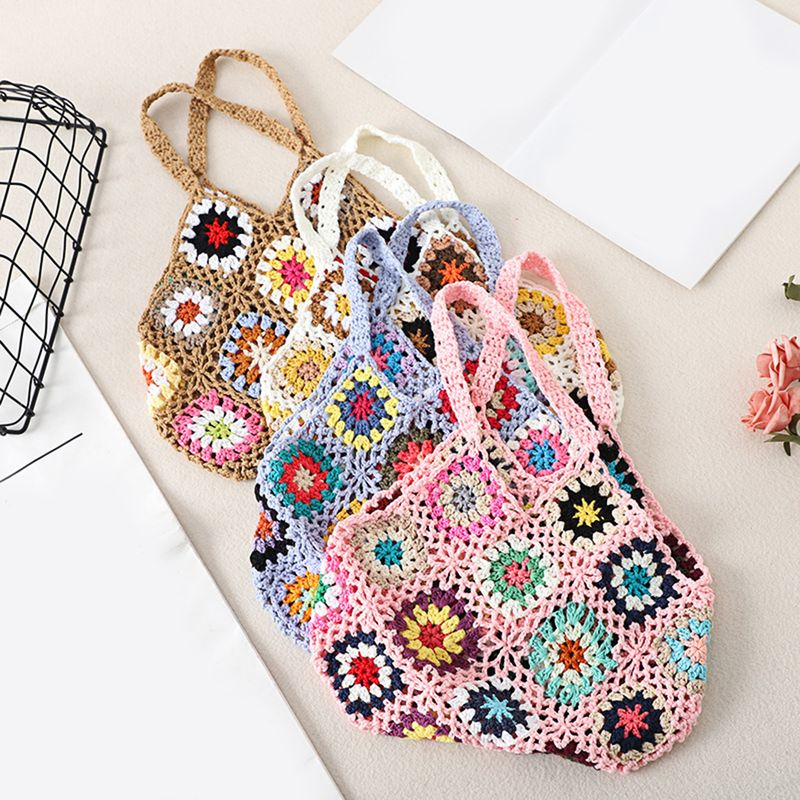 Lihao Women Tote Bag Floral Crochet Large Capacity Handmade Vintage Multicolor Hollow Out Handbag for Travel-Khaki One_voghion.com
