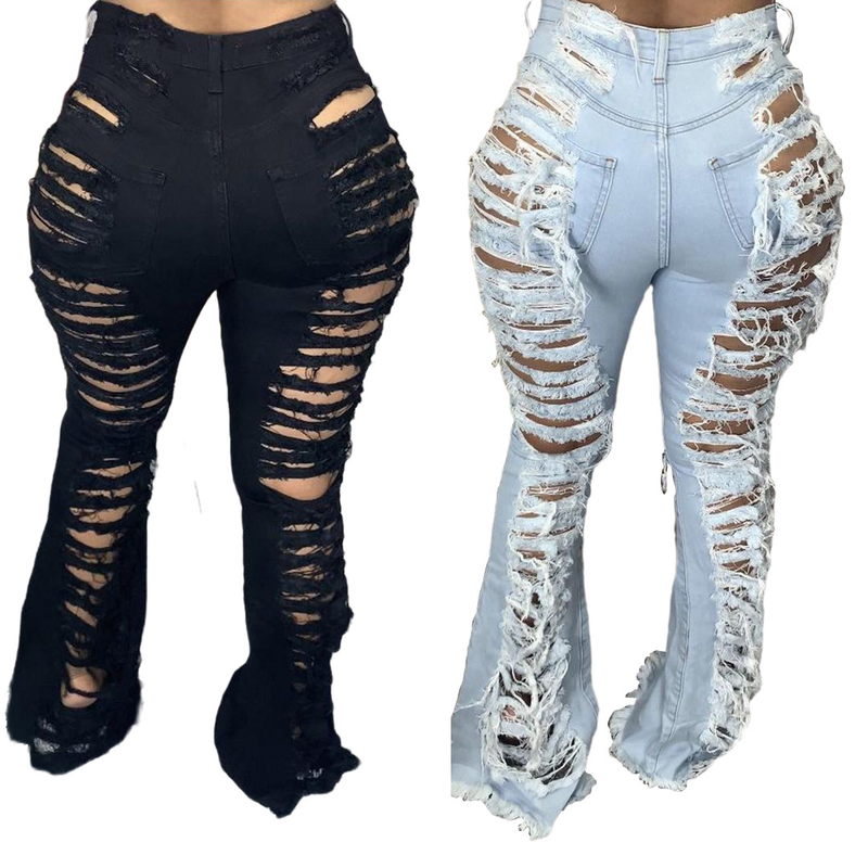 Roupas femininas tendência da moda personalidade rasgada calças largas elásticas_voghion.com