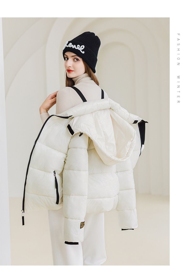 Dames zwarte goudkleurige gewatteerde jas met capuchon, korte winterjas, warme fleecevoering, losse pasvorm, dikke bovenkleding in grote maten_voghion.com