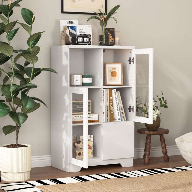 MDF Painted Cabinet With Glass Doors And Drawer, Open Storage Space, Navy Blue ,Bedroom, Living Room_voghion.com
