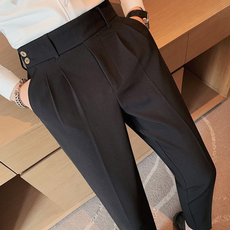 Pantaloni napoletani da uomo nuovi di zecca, in twill strutturato, con vita a pieghe, design casual a nove punte, vita media e alta_voghion.com