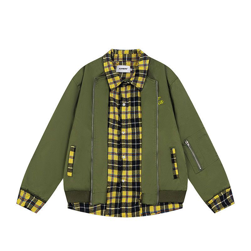 National Trend Brand Heavy Craft Design Layered Two-Piece Color-Block Plaid Zipper Oversize Cardigan Jacket_voghion.com