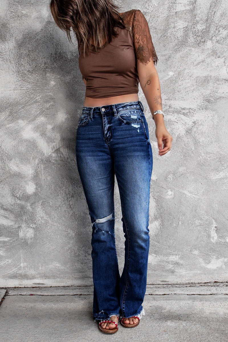 Jeans aderenti a vita alta, elastici, retrò, aderenti, da donna, con fondo a campana, strappati_voghion.com