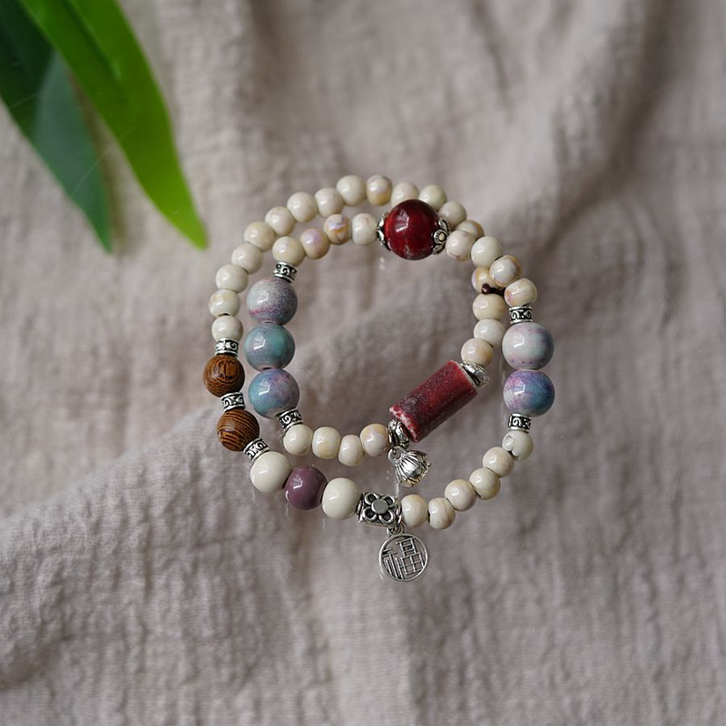 Nueva pulsera de cerámica china de doble círculo Jingdezhen para mujer, estilo étnico literario, mariposa y hada, joyería de moda_voghion.com