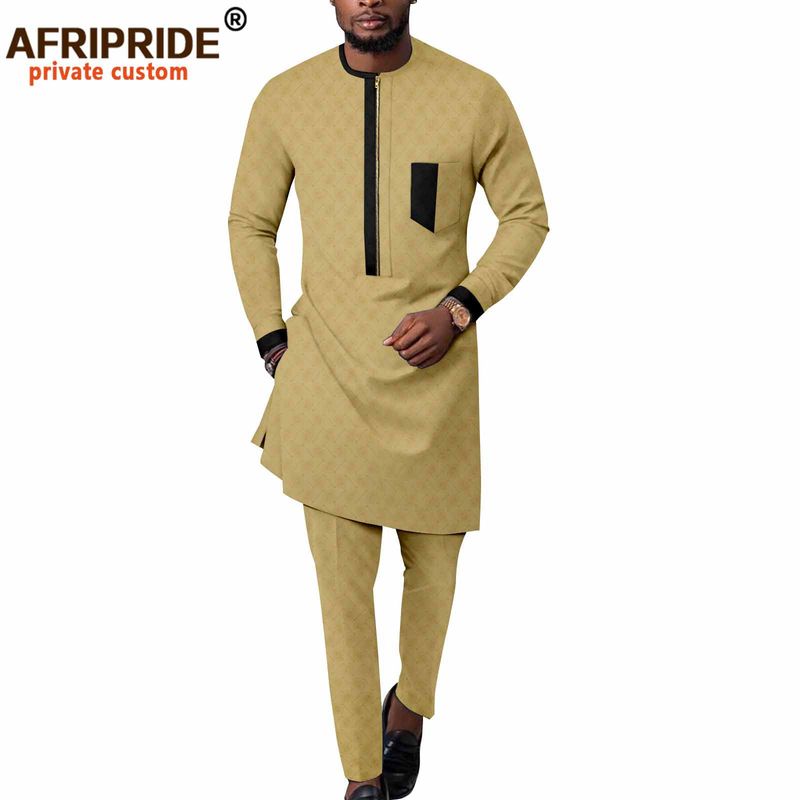 Vêtements pour hommes, veste + pantalon décontracté en coton, couleur unie, ethnique africaine_voghion.com