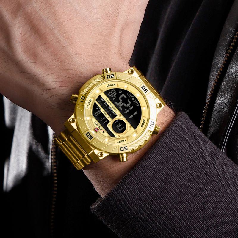 Luxury Golden Digital Man Watch LED Display Stainless Steel Wristwatch Men Waterproof Chronograph Relogio Masculino_voghion.com