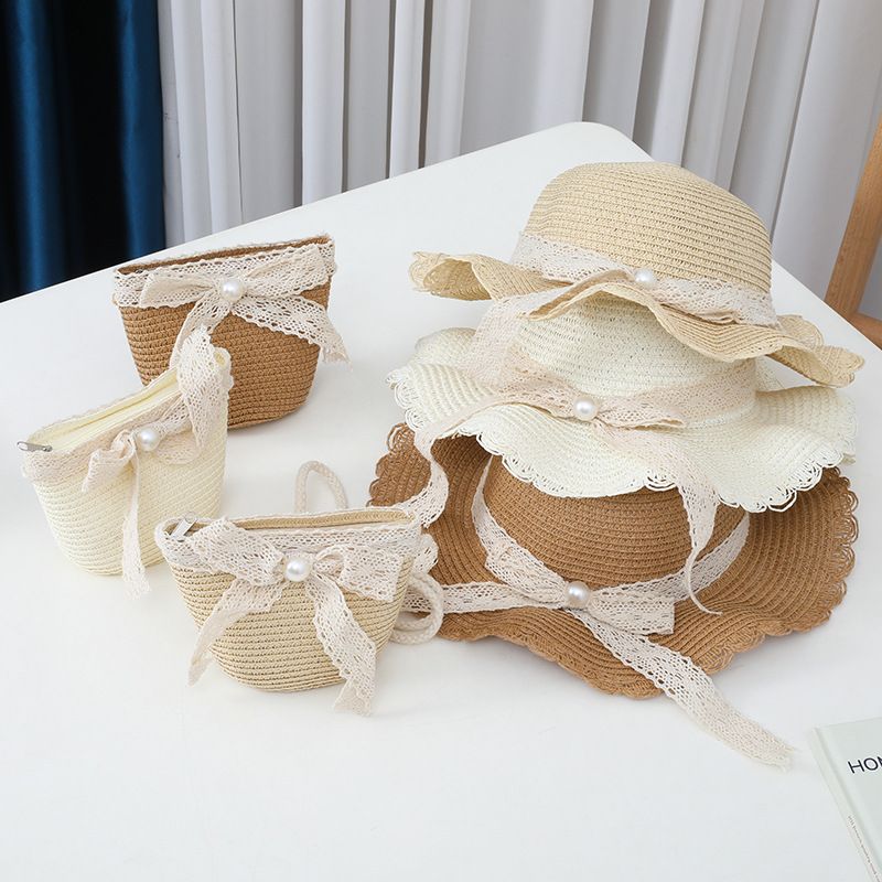 Moda Ragazze Paglia Turismo Fiore Bambini Cappello da Sole e Borsa Set Bambino Esterno Tesa Larga Cappelli da Pescatore per Bambini_voghion.com