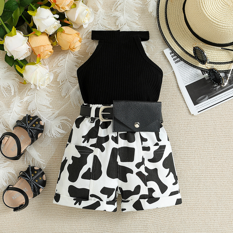 Abbigliamento per neonati Completo da bambina per bambini di taglia piccola e media, top ampio con scollo all'americana + pantaloncini Marsupio set da tre pezzi_voghion.com