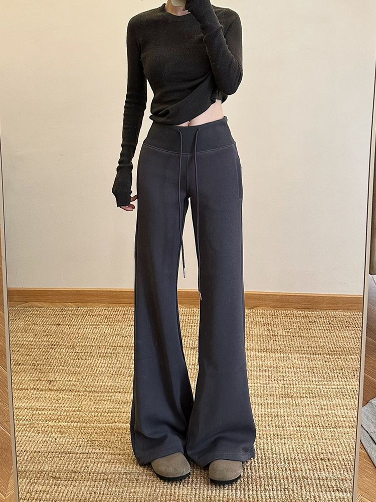 Spring And Autumn Flared Sweatpants For Women, High Waist, Slimming, Loose Fit, Drawstring, Sports Casual, Straight_voghion.com