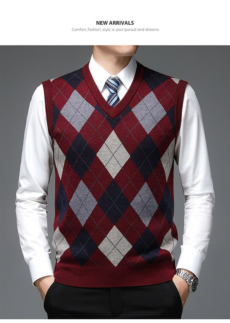 Novo outono designer de moda marca argyle pulôver diamante camisola com decote em v malha colete 6% lã sem mangas roupas masculinas casuais_voghion.com