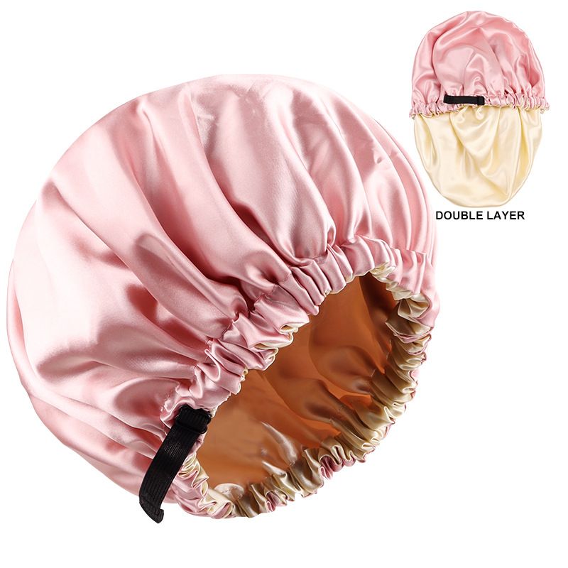 Cuffia da notte in raso a doppio strato, fibbia regolabile invisibile piatta, cuffia da doccia in seta tinta unita, indossabile su entrambi i lati, cuffia elastica per capelli_voghion.com