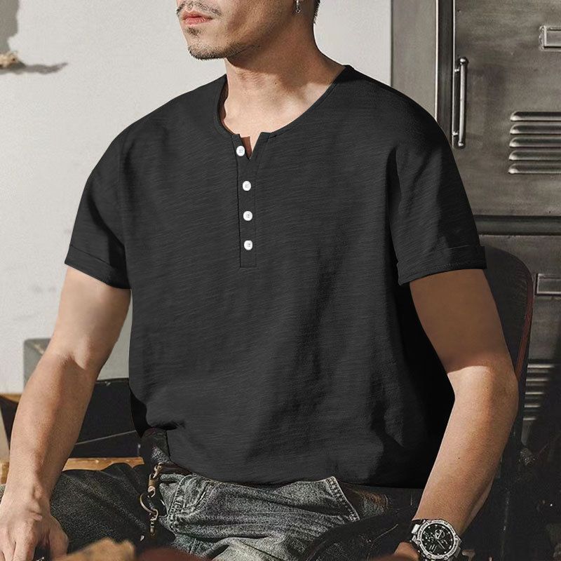 Men's Bamboo T-Shirt Summer Casual Henley Collar American Style Plus Size Short Sleeve Button Up Shirt_voghion.com