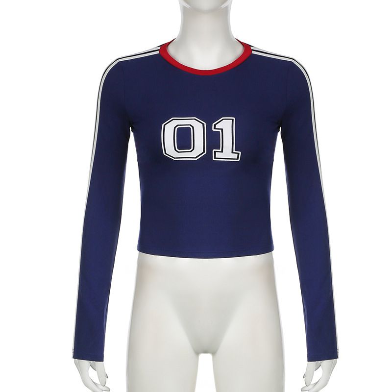 T-shirt da donna in stile retrò americano, vestibilità slim, girocollo, manica lunga, stampa a righe – Tessuto in maglia confortevole con design a blocchi di colore_voghion.com