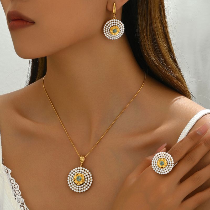 Schlichtes Schmuckset im geometrischen Stil mit eingelegter Perlenkette und Ring, Nischendesign, vielseitige Ohrringe für Damen_voghion.com