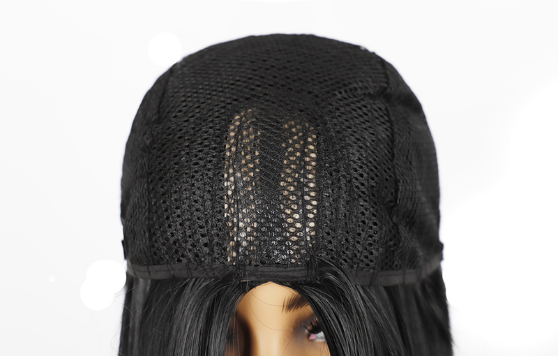 Synthetische Perücke. Schwarzes Stirnband mit geteilter Länge, glattes Haar, komplette Damenperücke aus synthetischen Fasern_voghion.com