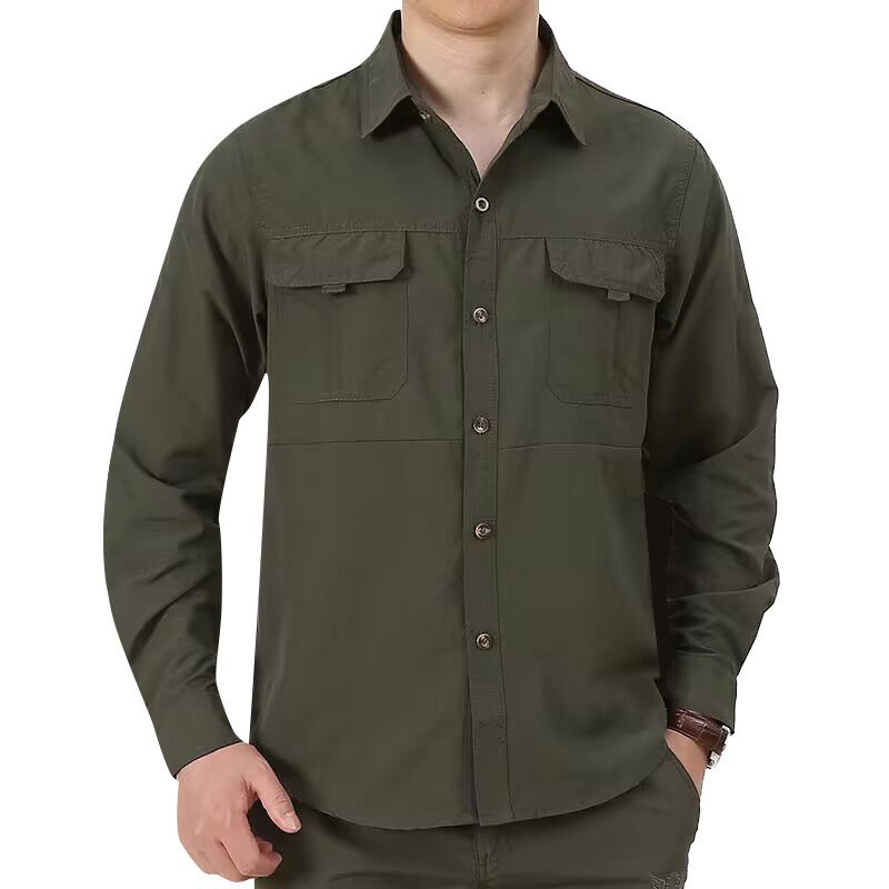 Men's Loose Fit Long Sleeve Shirt For Spring And Autumn, Casual Workwear With Multiple Pockets, Lightweight_voghion.com