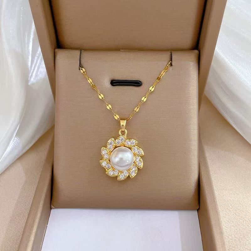 Jewelry Pearl Flower Necklace Fashion Trend Non-Fading Clavicle Chain Earrings Ring Three-Piece Set For Women_voghion.com