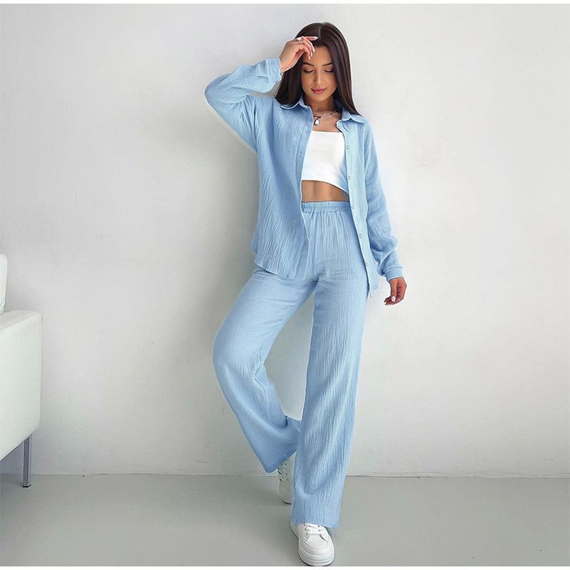 Kadın Giyim Pamuklu Çift Katmanlı İplik Kadın Düğmeli Uzun Kollu Gömlek Ve Pantolon İki Parça Takım_voghion.com