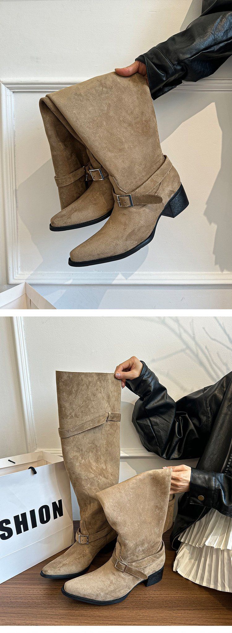 Schwarze kniehohe Stiefel mit dickem Absatz, Reitstiefel mit weitem Bein_voghion.com