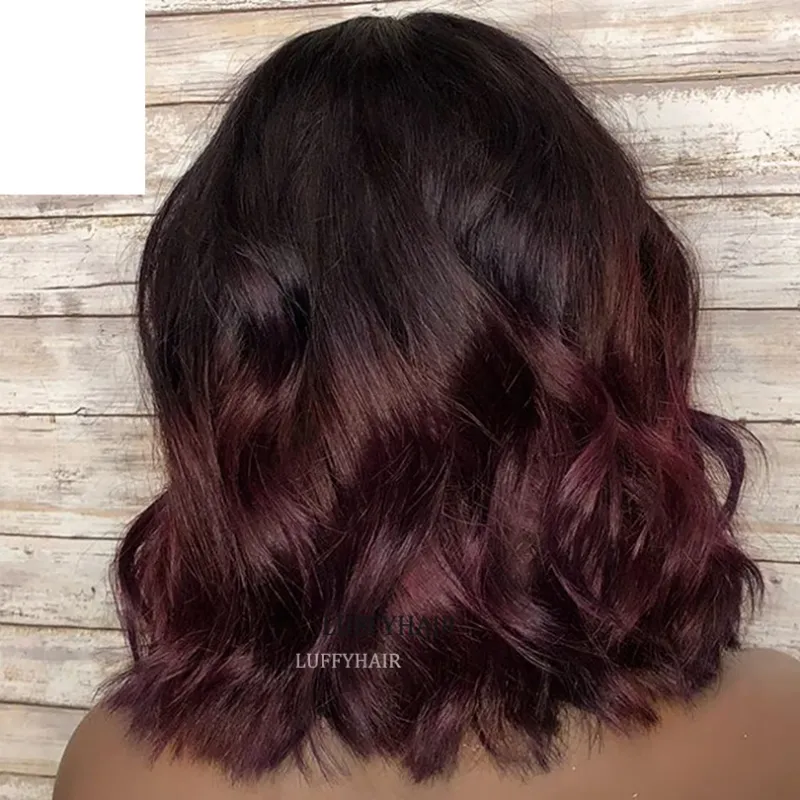 99j Ombre Wave Echthaar-Perücken mit Pony, 250 % Dichte, kurze, gewellte, maschinengefertigte Echthaar-Perücken für Frauen_voghion.com