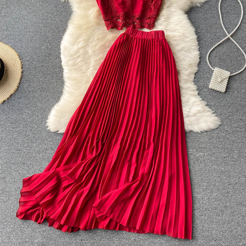 Haut en dentelle pour femmes, taille 1, jupe plissée en mousseline de soie, costume deux pièces_voghion.com